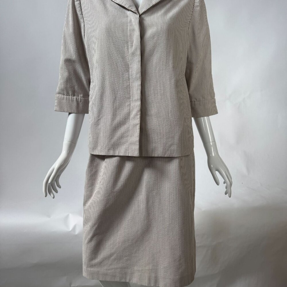 Kasper Vintage A.S.L. Petite 10P Beige & White Striped Skirt Suit Set Cotton Ble